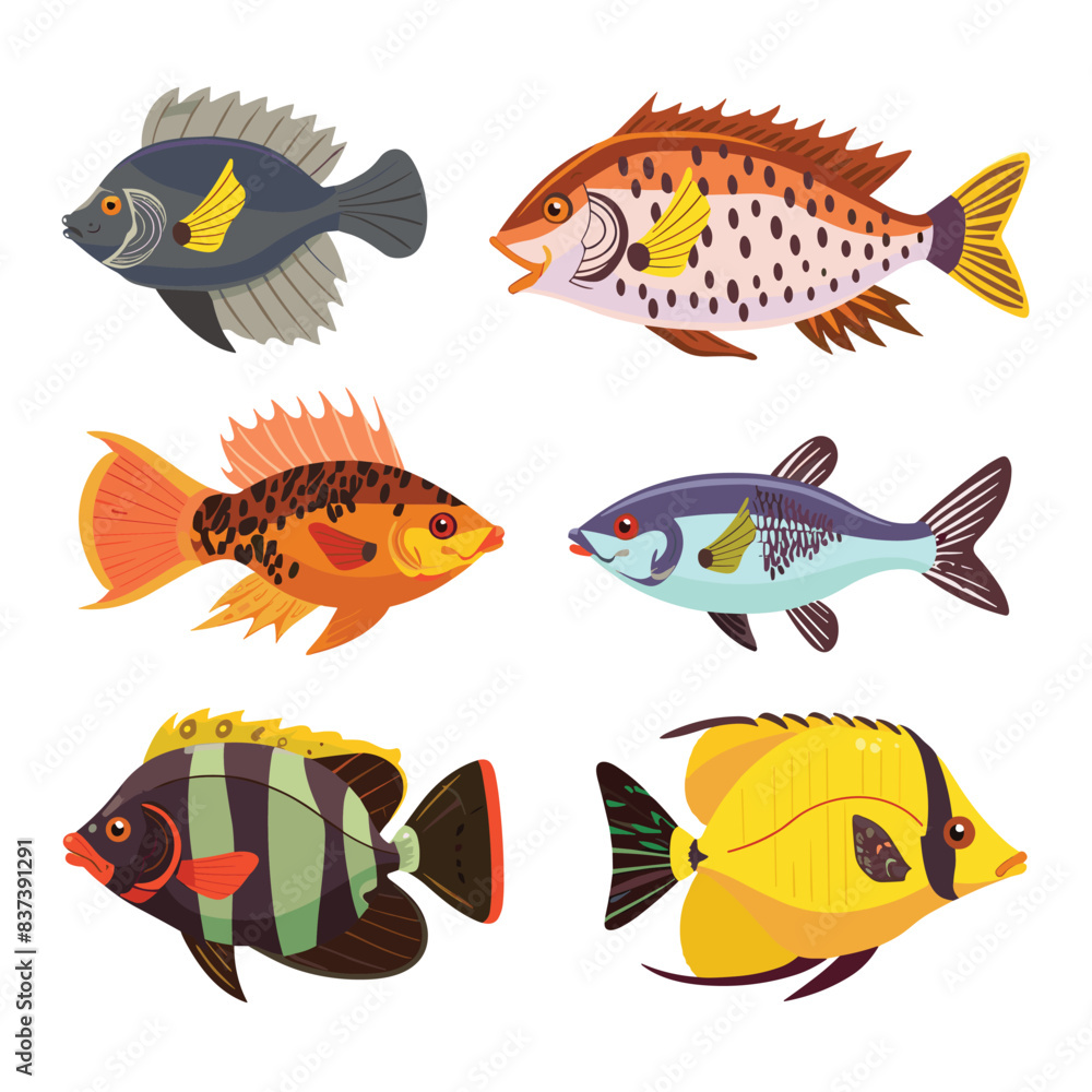Set colorful tropical fish illustrations featuring various species. Brightly colored aquatic life, marine animals, fins, scales visible. Cartoon fish collection, vector artwork, isolated white