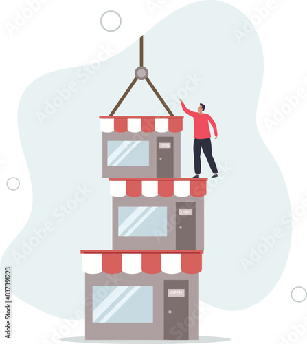 ambitious businessman build up store on top of company stack.flat vector illustration.