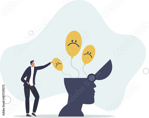 open head to let balloons with sad and unhappy face fly away.flat vector illustration.