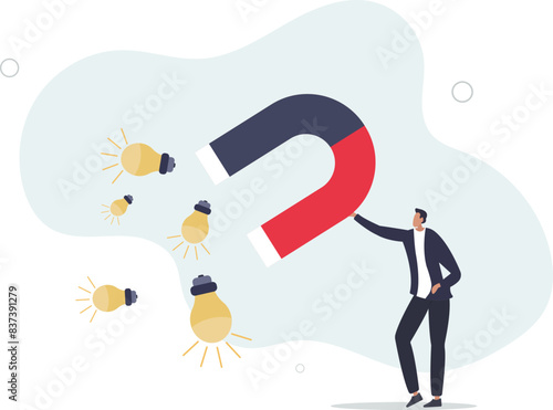businessman holding magnet to magnetize or draw lightbulb lamp ideas.flat vector illustration.