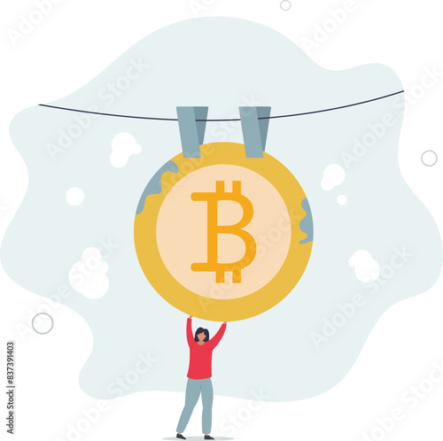 drying B alphabet with pegs as Bitcoin symbol after laundering.flat vector illustration.
