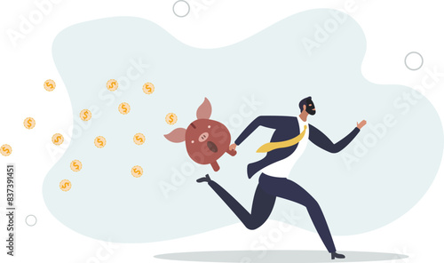 thief stealing or carrying wealthy piggy bank away with dollar coins falling.flat vector illustration.