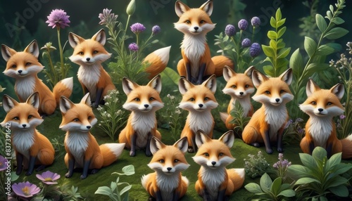 A charming digital creation displaying a group of animated foxes with expressive faces amidst a lush forest setting.