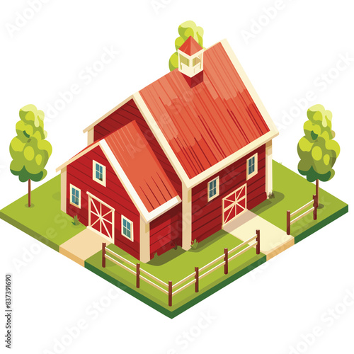 Isometric red barn surrounded green grass trees. Farm structure red roof, white trim, cupola. Countryside agricultural building, rural farmstead isolated white background