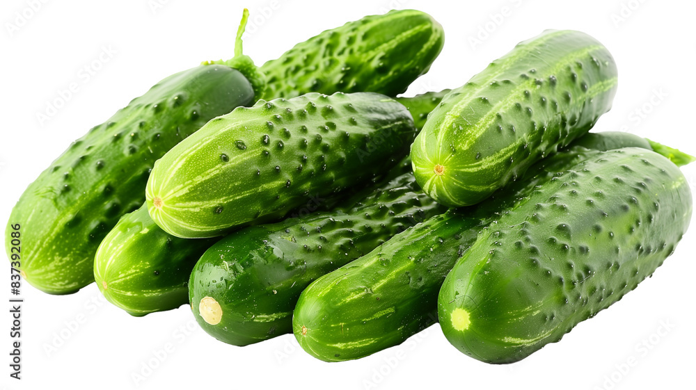 Close-up of fresh, green cucumbers arranged neatly on a white background. Close-up of fresh, green cucumbers arranged neatly on a white background.