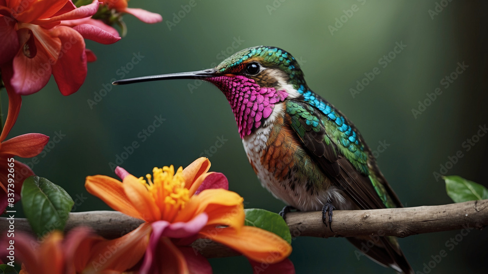 A colorful hummingbird sits on a branch A colorful hummingbird sits on a branch