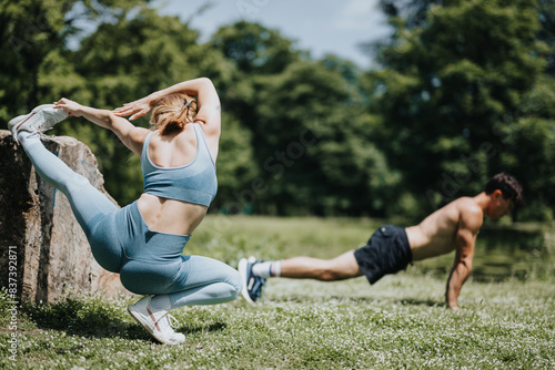 Fotografie Two individuals engaged in calisthenics and stretching exercises outdoors, depicting fitness routines and healthy living in a park setting