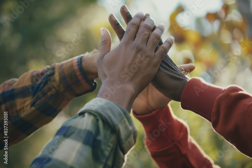 Group of Diverse Hands Joining Together in Outdoor Setting