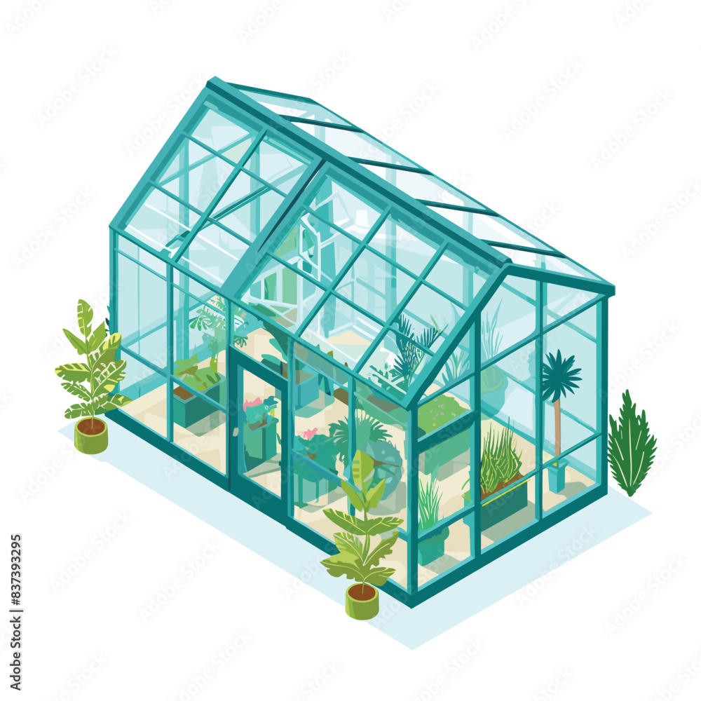 Isometric greenhouse surrounded potted plants. Glass walls, blue frame, indoor vegetation. Greenhouse gardening, plants cultivation, isometric illustration