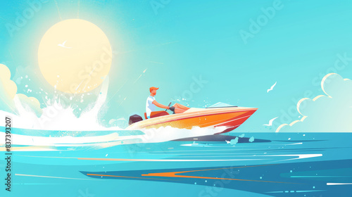 A person enjoying a sunny summer day on a speedboat, with waves splashing © Rabil