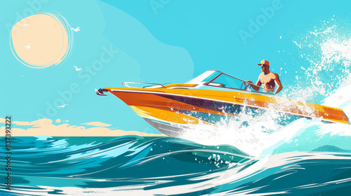 A person enjoying a sunny summer day on a speedboat, with waves splashing