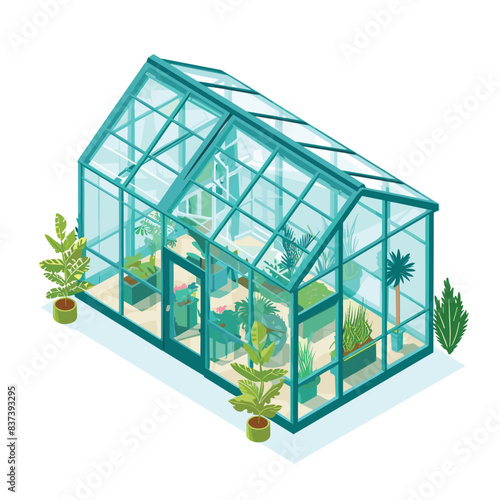 Obraz na płótnie Isometric greenhouse surrounded potted plants. Glass walls, blue frame, indoor vegetation. Greenhouse gardening, plants cultivation, isometric illustration w salonie