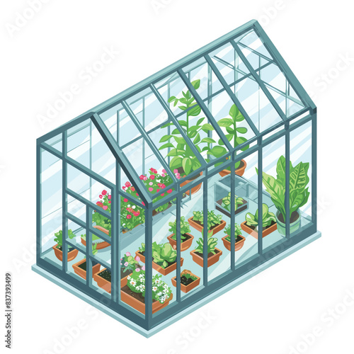 Isometric glass greenhouse full lush plants, flowers pots, sustainable gardening. Clear glass panes, metal structure, variety greenery, horticulture concept. Gardening equipment, urban farm, botany