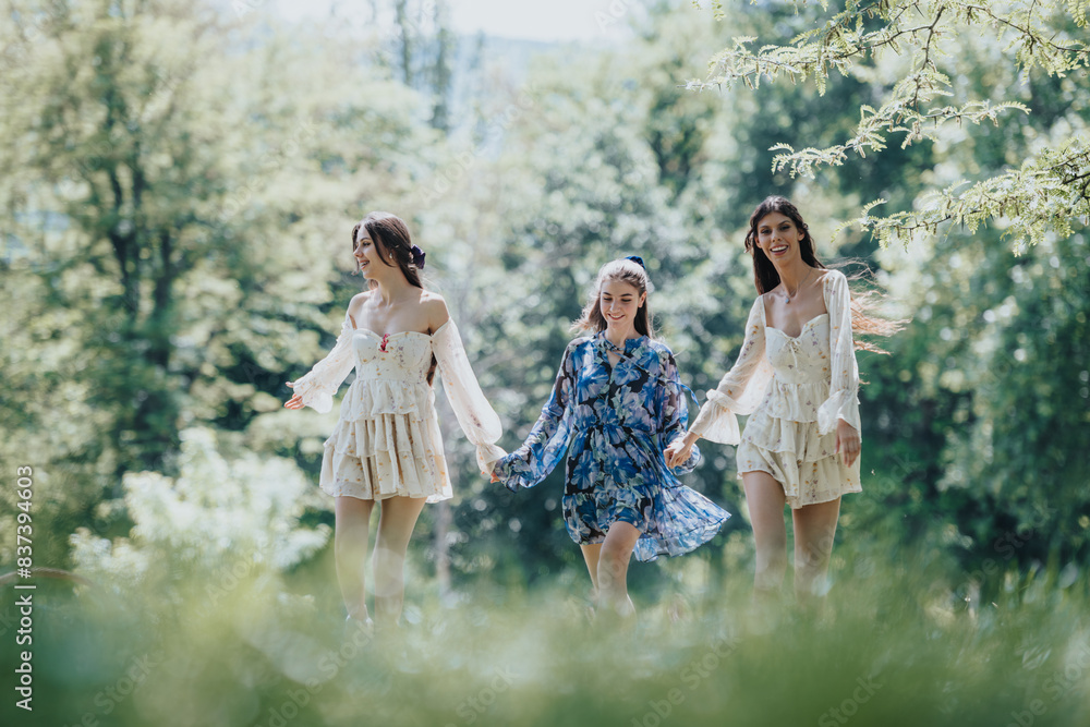 Capturing a beautiful moment, three women walk carefree through a sunny park, showcasing freedom and the joy of togetherness on a lovely spring day. Capturing a beautiful moment, three women walk carefree through a sunny park, showcasing freedom and the joy of togetherness on a lovely spring day.