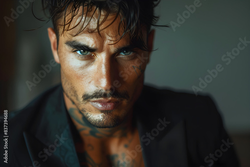 An intimidating and powerful Italian mafia billionaire with tanned skin, wearing a luxurious black suit and a tattoo on his neck, looking at the camera with a sensual and piercing gaze.