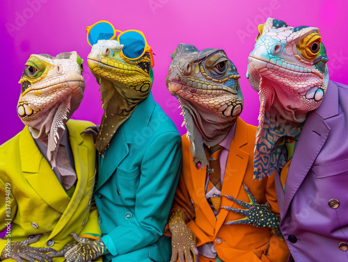 Fashionable Lizards in Colorful Suits photo