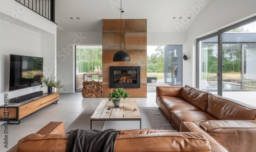A stylish modern living room with a glowing fireplace, inviting furniture, and elegant decor photo