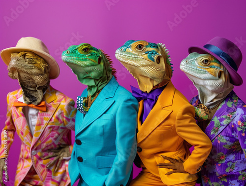 Fashionable Lizards in Colorful Suits photo