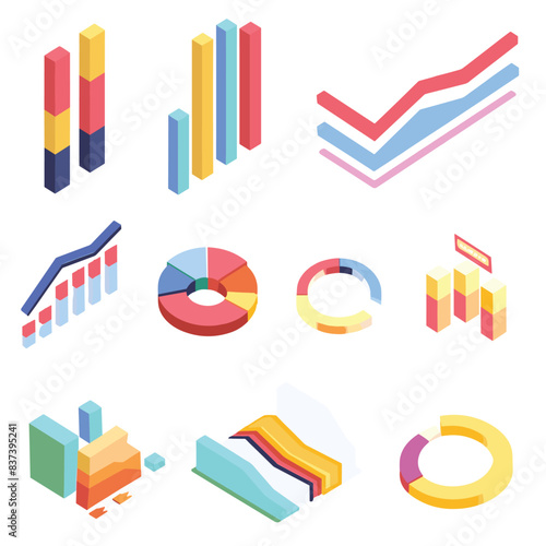 Collection colorful isometric 3D graphs charts including bar, line, pie graphs, good presentation data business reports. Vibrant statistical data visualizations featuring various types, suitable