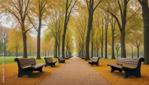A peaceful park alley lined with benches and tall trees, with golden autumn leaves carpeting the pathway, inviting a tranquil walk.