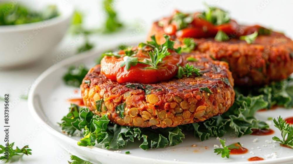 Delicious vegan lentil burgers served with fresh kale and rich tomato sauce, all presented on a clean white background Delicious vegan lentil burgers served with fresh kale and rich tomato sauce, all presented on a clean white background