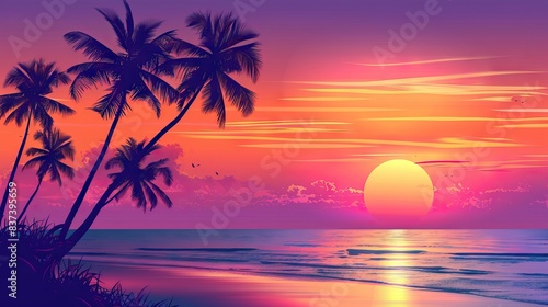 Silhouettes of palm trees and amazing cloudy sky on sunset at tropical beach with pink sky background for travel and vacation. AI generated illustration © mooncux