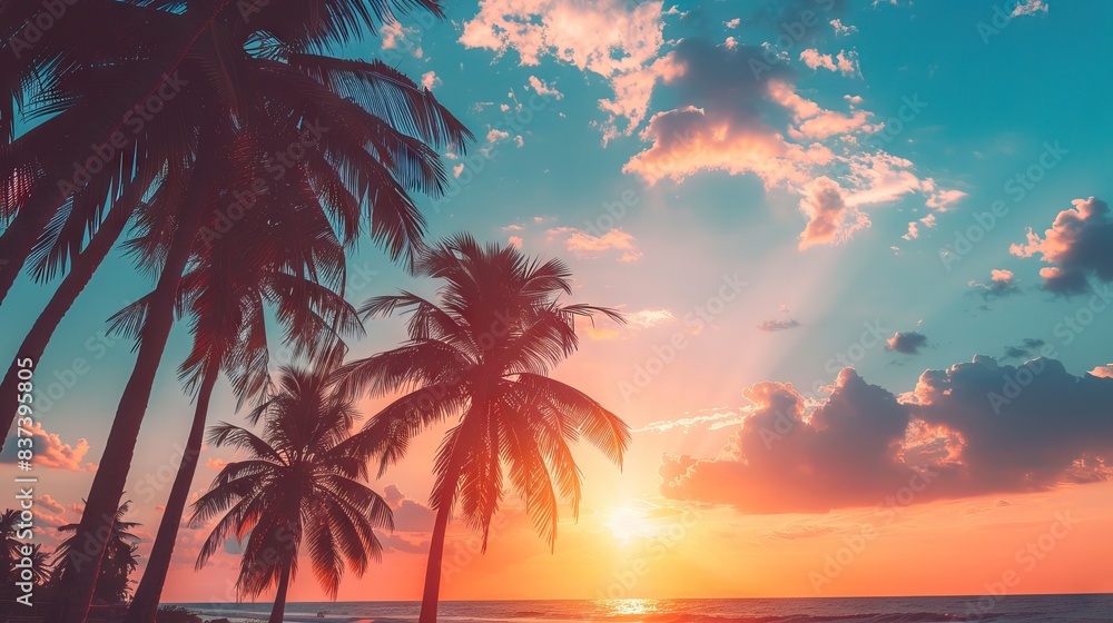 Silhouettes of palm trees and amazing cloudy sky on sunset at tropical beach with pink sky background for travel and vacation. AI generated illustration