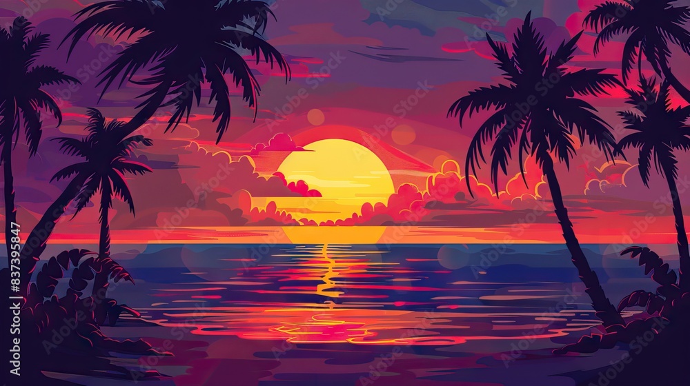 Silhouettes of palm trees and amazing cloudy sky on sunset at tropical beach with pink sky background for travel and vacation. AI generated illustration