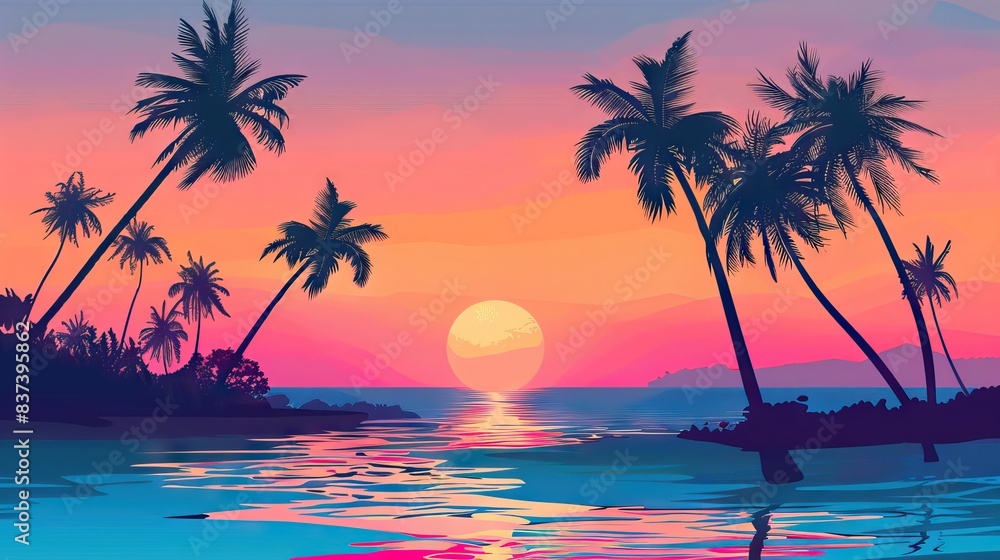 Silhouettes of palm trees and amazing cloudy sky on sunset at tropical beach with pink sky background for travel and vacation. AI generated illustration Silhouettes of palm trees and amazing cloudy sky on sunset at tropical beach with pink sky background for travel and vacation. AI generated illustration