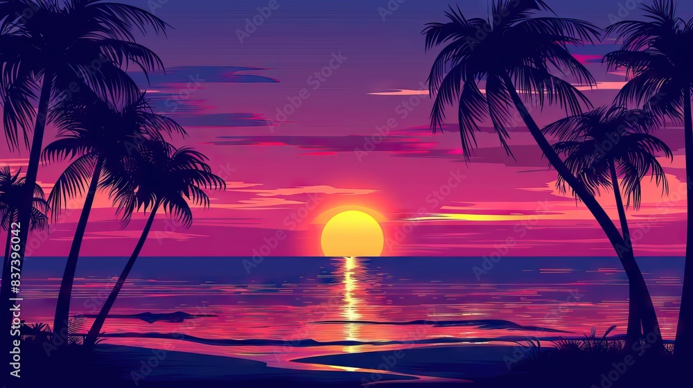 Silhouettes of palm trees and amazing cloudy sky on sunset at tropical beach with pink sky background for travel and vacation. AI generated illustration Silhouettes of palm trees and amazing cloudy sky on sunset at tropical beach with pink sky background for travel and vacation. AI generated illustration