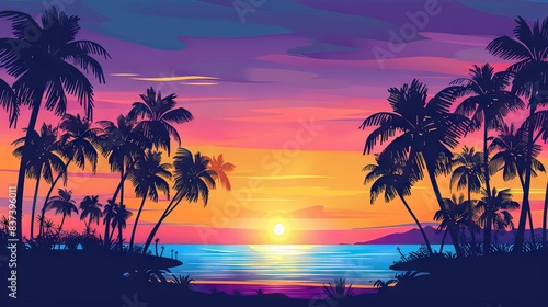 Silhouettes of palm trees and amazing cloudy sky on sunset at tropical beach with pink sky background for travel and vacation. AI generated illustration © moon