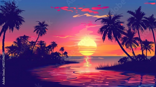 Silhouettes of palm trees and amazing cloudy sky on sunset at tropical beach with pink sky background for travel and vacation. AI generated illustration © moon