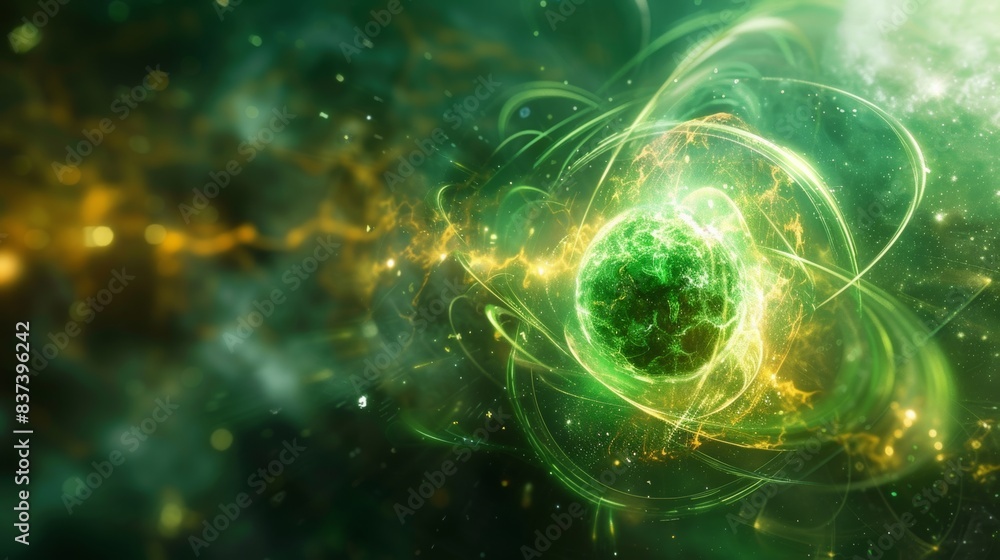 A green and yellow glowing object in space with a bright light, AI A green and yellow glowing object in space with a bright light, AI
