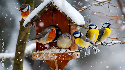 : titmice in a birdhouse close-up against the background of a winter forest, winter banner with bokeh and snowflakes