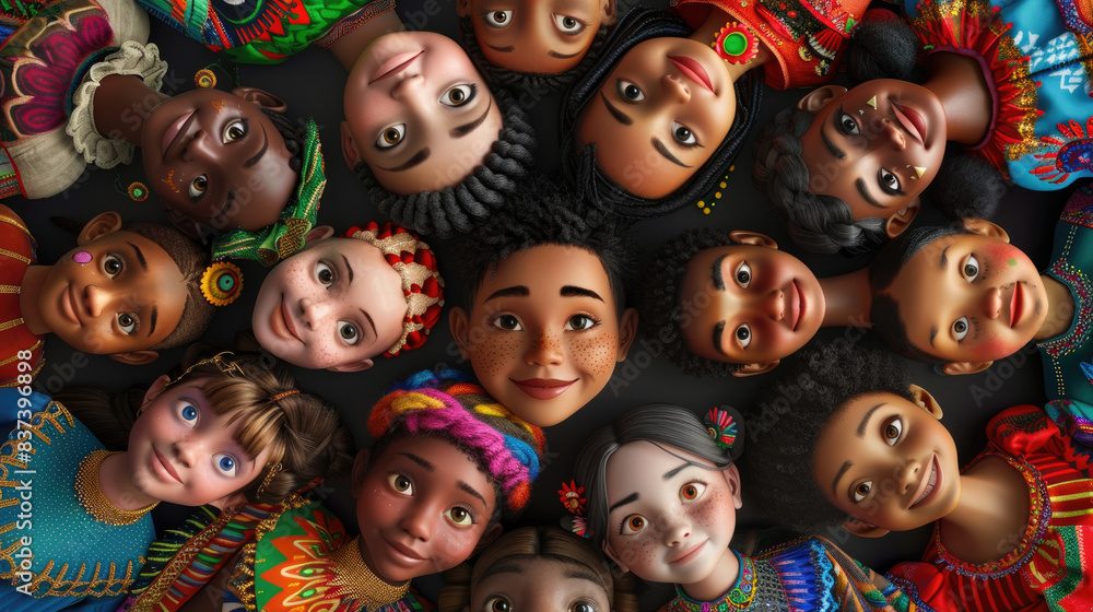 A group of children, diverse in race and ethnicity, are smiling and looking up at the camera. They are wearing colorful traditional clothing, suggesting celebration of cultural diversity A group of children, diverse in race and ethnicity, are smiling and looking up at the camera. They are wearing colorful traditional clothing, suggesting celebration of cultural diversity