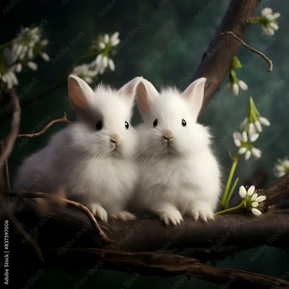 rabbits sitting on willow on dark background, spring easter banner rabbits sitting on willow on dark background, spring easter banner