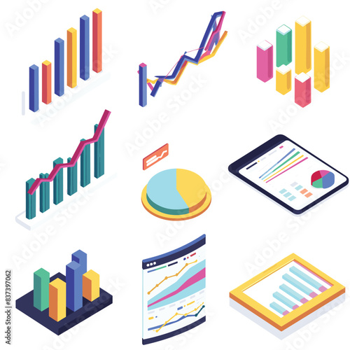 Collection isometric 3D graphs charts. Business data visualization, financial analysis, statistics display. Bright color bar, line, pie charts digital tablet 3D platforms