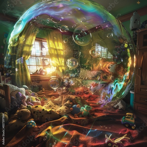 A child's bedroom consumed by a monstrous bubble, its iridescent surface pulsating with a sickening glow. Within the bubble, distorted toys and broken dreams swirl in a chaotic dance