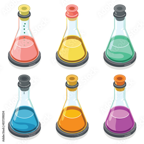 Six colorful cartoonstyle potion bottles filled various liquids, corked tops. Glass bottles contain red, yellow, green, blue, orange, purple potions, laboratory magical theme. Isolated white