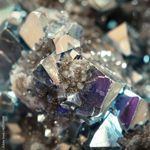 macro shot of magnesium crystals, sharply focused with a soft bokeh background. The image captures the intricate geometric shapes and reflective surfaces of the crystals. 