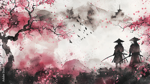 samurai and sakura on white background photo