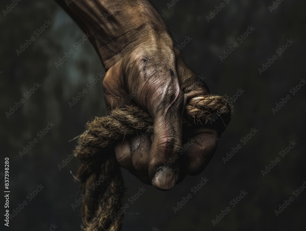 hand firmly grasping a frayed rope, veins and tendons visible beneath the skin, against a stark background. The tension in the hand speaks of determination and resilience. hand firmly grasping a frayed rope, veins and tendons visible beneath the skin, against a stark background. The tension in the hand speaks of determination and resilience.