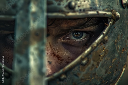 A close-up of a warrior's face partially covered by a traditional steel helmet, the eyes intense and focused. The reflection of a distant battlefield is seen in the polished blade of the sword held © Oskar Reschke