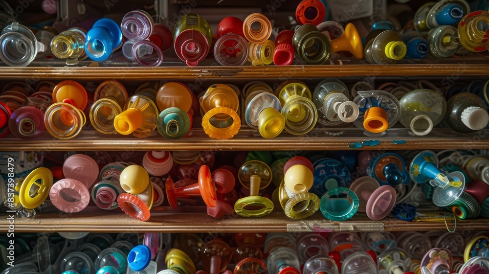 A cluttered nursery shelf stacked with an assortment of colorful pacifiers, each one more worn and chewed than the last. The harsh overhead lighting casts harsh shadows, emphasizing the chaotic jumble A cluttered nursery shelf stacked with an assortment of colorful pacifiers, each one more worn and chewed than the last. The harsh overhead lighting casts harsh shadows, emphasizing the chaotic jumble