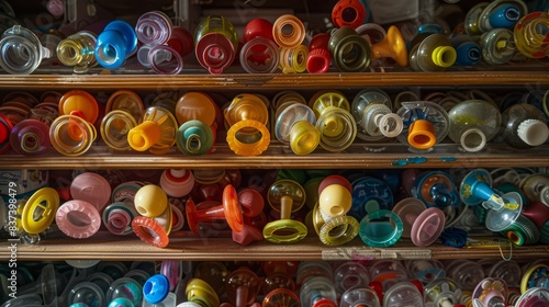 A cluttered nursery shelf stacked with an assortment of colorful pacifiers, each one more worn and chewed than the last. The harsh overhead lighting casts harsh shadows, emphasizing the chaotic jumble