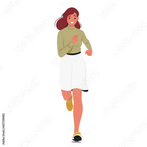 Young Female Character With A Joyful Expression, Jogging Front View. Cartoon Woman Dressed In Green Top And White Skirt