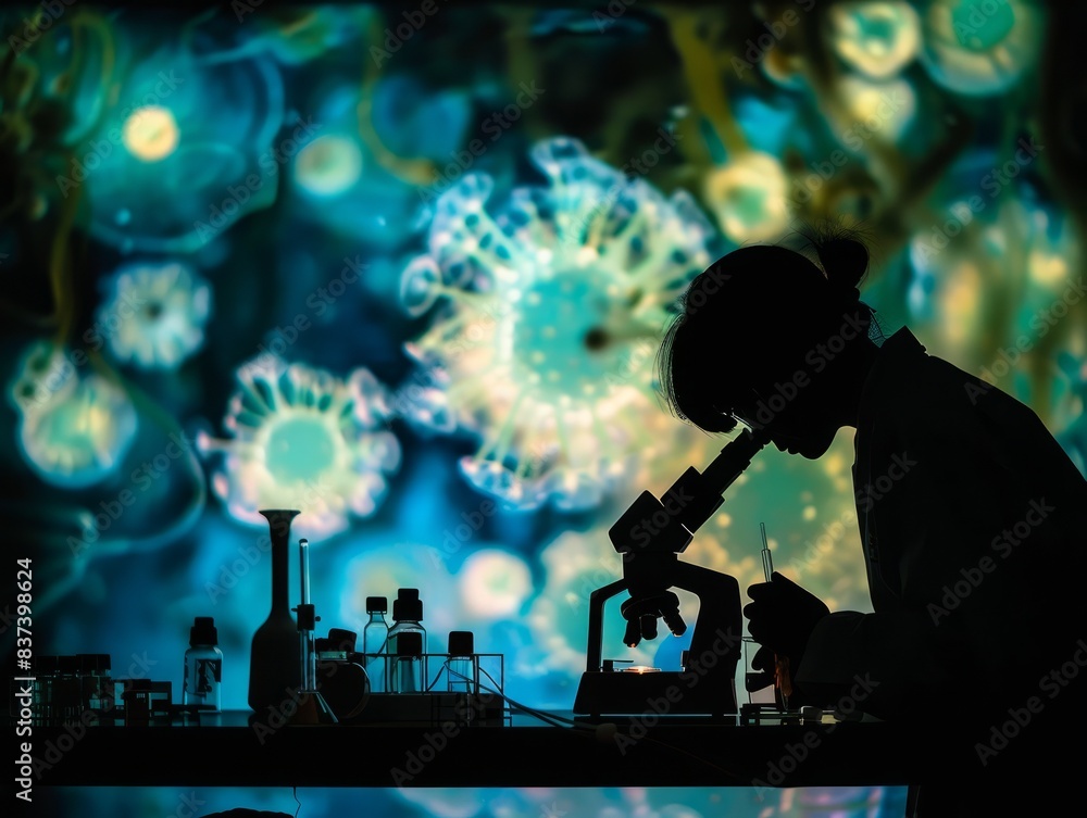 Fototapeta premium silhouette of a marine biologist studying a phytoplankton bloom under a microscope. The scientist's focused expression reflects the curiosity and wonder inspired by the microscopic world. 