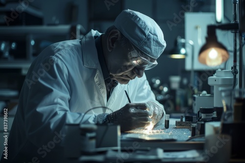 scientist in a laboratory, carefully examining a sample of scandium metal. The scene is lit with soft, diffused light, creating a contemplative atmosphere. The scientist's expression conveys focus