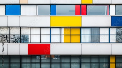 A De Stijl-inspired building characterized by clean lines, geometric shapes, and a primary color palette. The facade features a grid pattern of vertical and horizontal elements, with bold red, blue