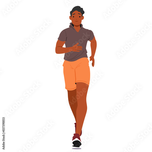 Front View Of Young Man Running With Focus And Determination. Male Character Wearing Casual Sports Attire